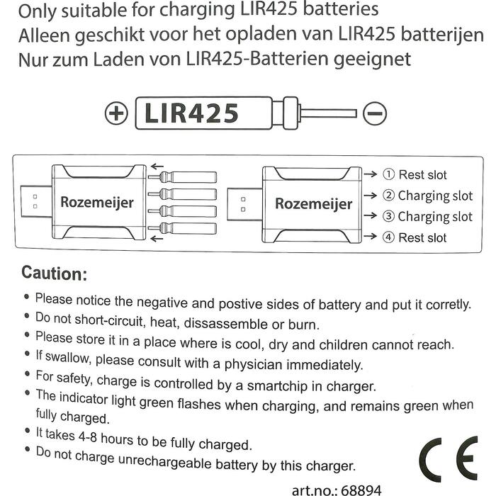 Rozemeijer USB Lithium Battery Charger incl. 2pcs LIR425 battery